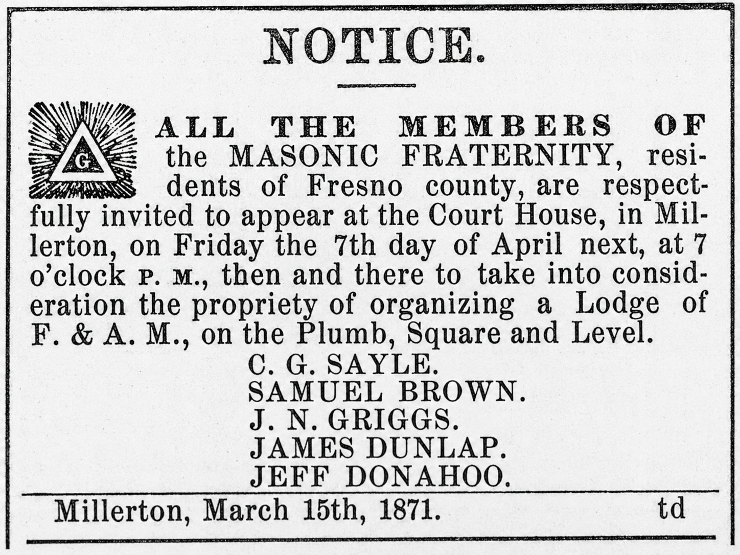 notice for Masons to meet